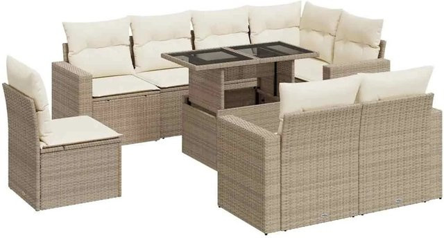 vidaXL 9-tlg. Garten-Sofagarnitur in L-Form aus Poly-Rattan mit Kissen in Beige-Creme - Bild 1