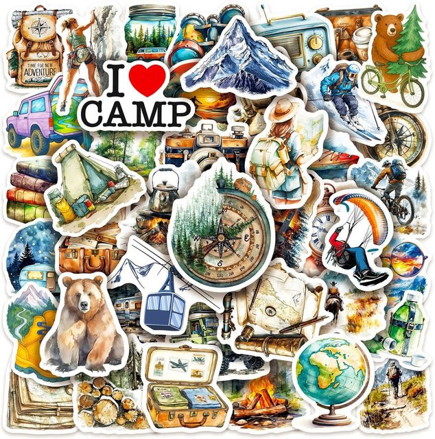 50 Stück wasserfeste Aquarell Camping Aufkleber für Computer und Gepäck von BulingBulingStickers Store in Multicolor - Bild 1