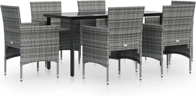 vidaXL 7-teilige Garten-Essgruppe aus PE-Rattan mit Kissen in Grau und Schwarz und Hartglastisch - Bild 1