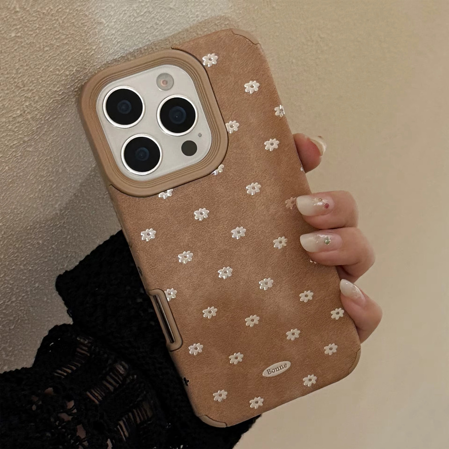 Stoßfeste Handyhülle aus braunem Wildleder mit vergoldeten silbernen Blumen für iPhone 17 16 15 14 13 12 Pro Max Plus Air - Bild 2