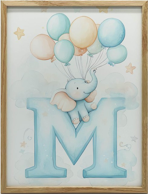 Poster Magisches M mit Ballons von Marcin Zbijowski im Holzrahmen Helleiche, B: 50 cm, H: 70 cm - Bild 1