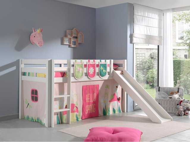 Vipack Spielbett Pino aus massiver Kiefer in Weiß mit Rutsche, Vorhang und 3 Taschen im Dessin Spring - Bild 1