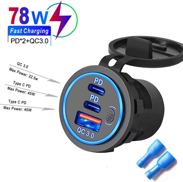 Wasserdichtes Dual PD QC 3.0 Autoladegerät mit USB-C und Schalter für 12V/24V Motorrad LKW Boot, 78W, Schwarz - Bild 1