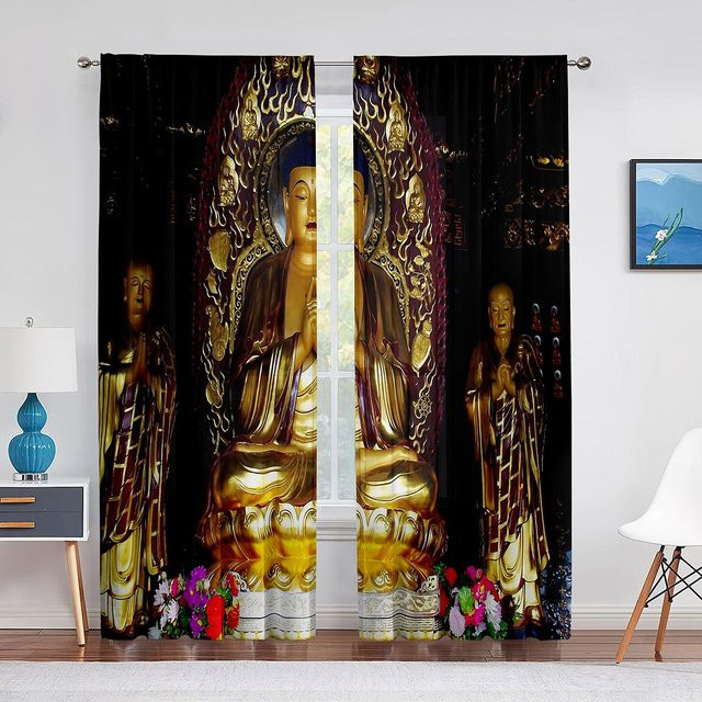 Yiran Furniture Dekorative Vorhänge mit Buddha-Motiv in Gold, 2er-Set halbtransparent mit Stangentasche, Breite: 50 cm, Höhe: 130 cm - Bild 1