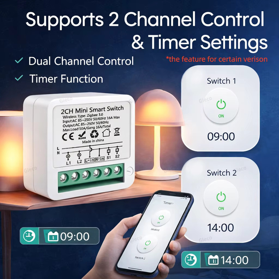 Gleco Zigbee Smart Switch Modul Mini in Weiß, 1/2/3-Kanal Smart Home Relais für Tuya, Z2M, Alexa und Google Home, 10A/16A Automatisierungs-Schalter - Bild 2
