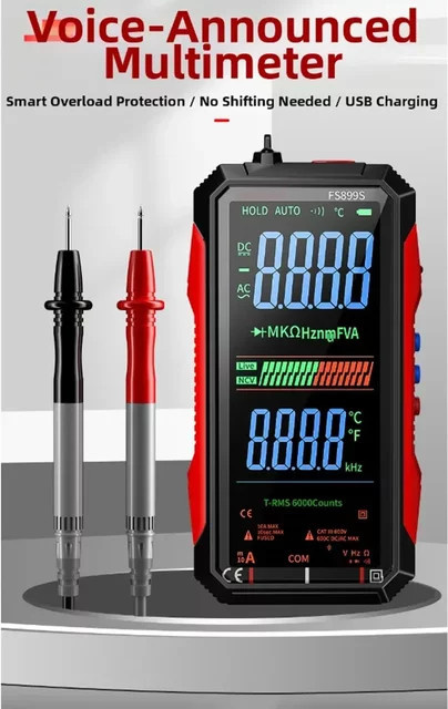 ANENG FS899C Digitalmultimeter in Schwarz mit 4,8 Zoll Großbildschirm, wiederaufladbar, automatische Bereichswahl, 6000 Zählungen, Kapazität, Ohm, Hz, Diode und Live-Check - Bild 1