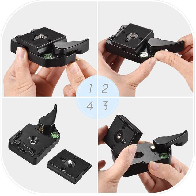 DIYelecs Schnellwechselplattenklemmen-Adapter mit QR-Platte, 1/4-Zoll-Schraube, 1/4- und 3/8-Zoll-Schraubloch und Wasserwaage, beige - Bild 1