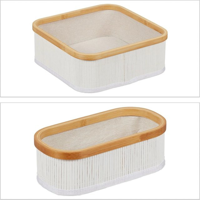 Relaxdays Aufbewahrungskorb aus Bambus im 3er Set, Weiß und Beige, stapelbar, B/T/H: 33,5 x 33,5 x 12,5 cm - Bild 1