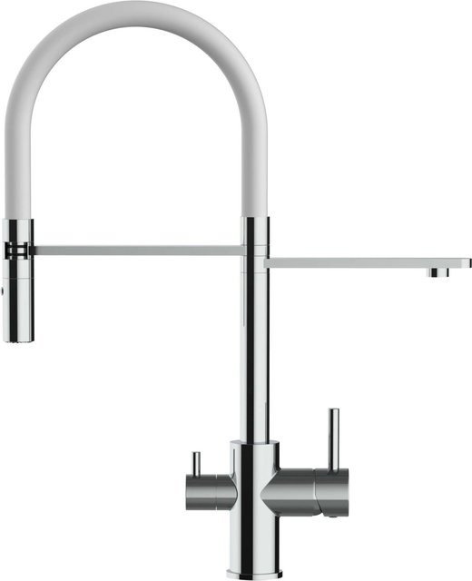 VIZIO Küchenarmatur mit 3-Wege-Wasserhahn, verchromt und weiß, mit 360° schwenkbarem Auslauf und abnehmbarer 2-Strahl Handbrause - Bild 1