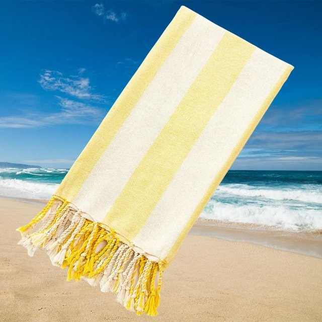 Gestreiftes Strandtuch mit Quasten von Yiran bag in Gelb, schnelltrocknendes Badetuch mit umkettelter Kante, B/B: 100 x 180 cm - Bild 1