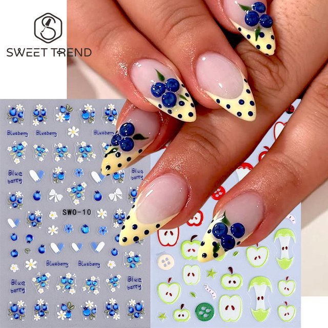 SWEET TREND Nagelaufkleber, 5D geprägte Blaubeer- und Apfel-Motive, Blumen - Bild 1
