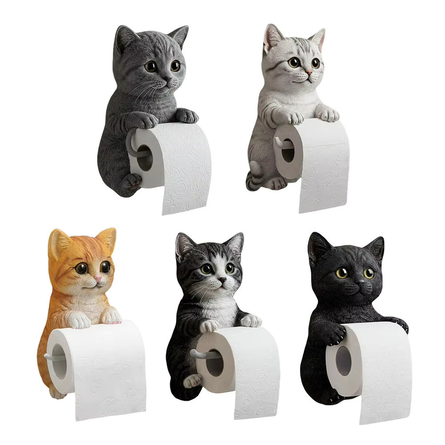 Wandmontierter Toilettenpapierhalter in Katzenform von alloet aus Kunstharz, dekorativer Papierhalter in Grau für Bad und Küche - Bild 4