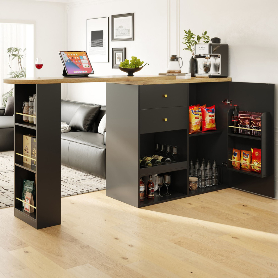 Moderner Bartisch FC in Schwarz mit 360 Grad drehbarer Tischplatte, 2 Schubladen und Schiebetürschrank, B/T/H: 105 x 39 x 102 cm - Bild 2