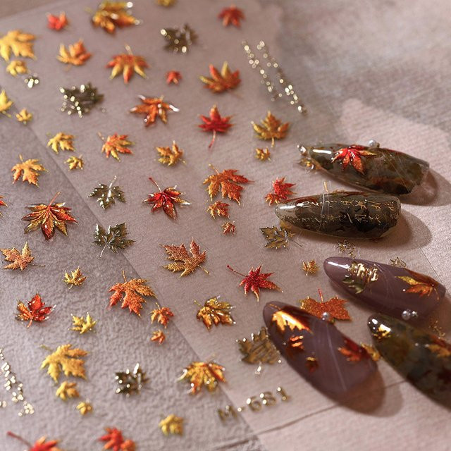 NAILFYOU Nagelaufkleber Ahornblatt und Ginkgo, Rotgold, Glänzend - Bild 1