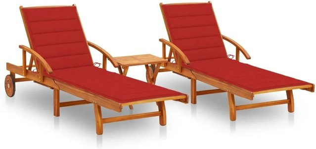 vidaXL Sonnenliegen Set aus 2 Stück mit Tisch und roten Auflagen aus Akazien-Massivholz - Bild 1