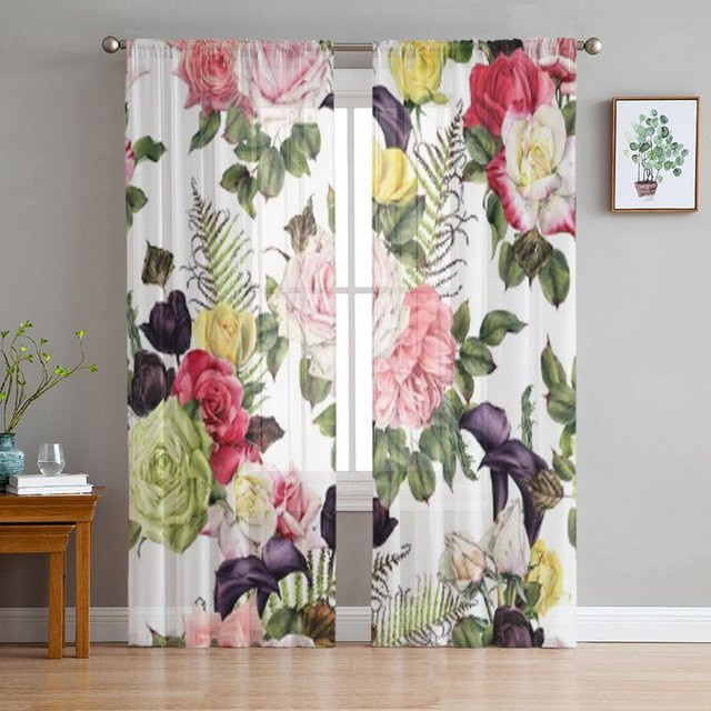 Binchi Outdoor Equipment Transparenter Chiffon-Vorhang mit Blumen-Rosen-Aquarell-Design in Weiß, B: 135 cm, H: 114 cm - Bild 1