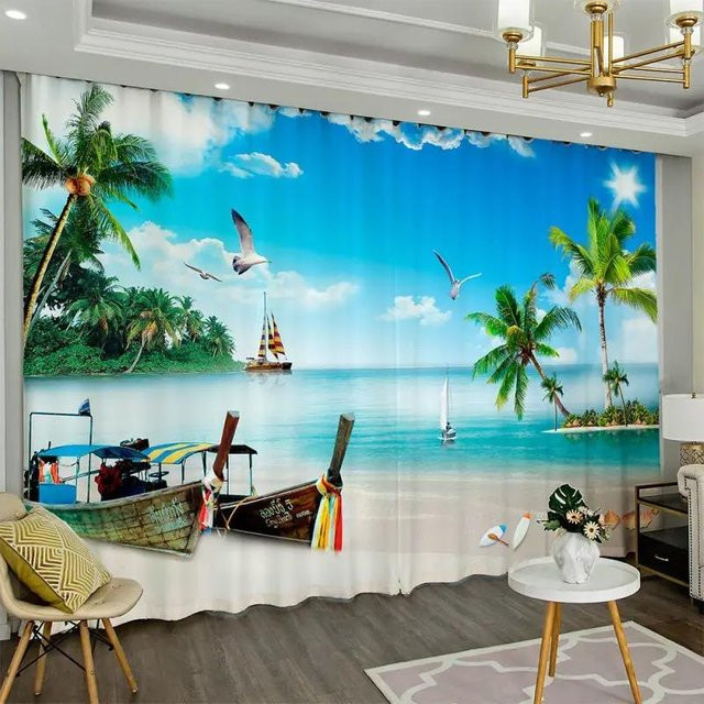 Yiran Furniture Vorhänge mit Strandlandschaft-Motiv, 2er-Set, UV-beständig, halbtransparent, Polyester, Mehrfarbig, B: 100 cm, H: 130 cm - Bild 1