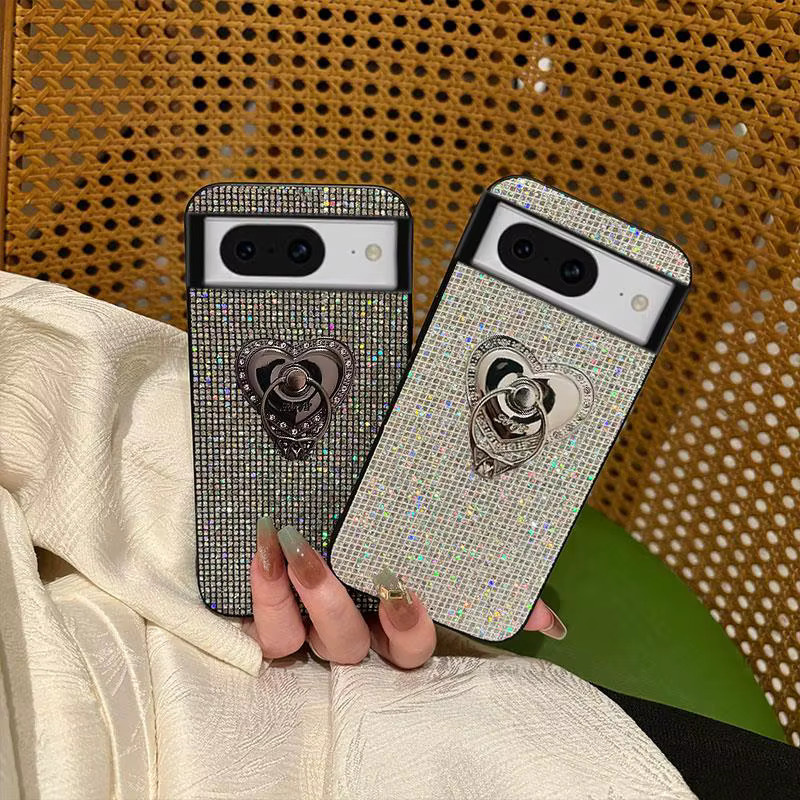 Modische TPU-Telefonhülle mit Glitzer-Gittermuster und Herz-Ringhalter für Google Pixel 9 10 Pro XL 6 7 8 Pro 6A 7A 8A 9A in Schwarz - Bild 2