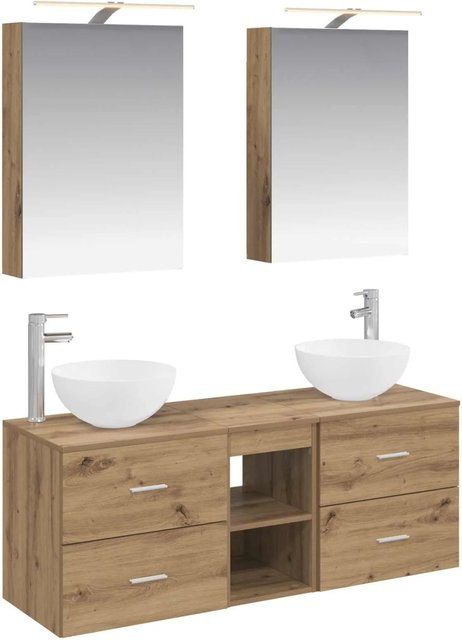 vidaXL Badezimmermöbel-Set 5-teilig in Artisan-Eiche mit Glasfronten und LED-Beleuchtung, Braun - Bild 1