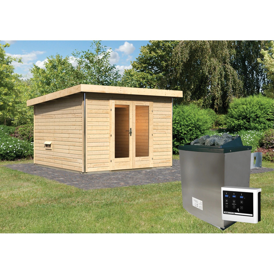 Karibu Saunahaus Magnus Set aus nordischer Fichte in Natur mit 9 kW Ofen und externer Steuerung - Bild 2
