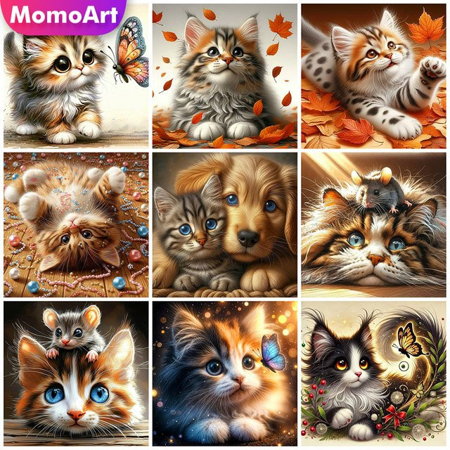Momoart Tier-Diamantstickerei Katzenbild mit Ahornblatt als Strass-Mosaik Kunsthandwerk in Multicolour, B/T/H: 20 x 20 x 20 cm - Bild 1