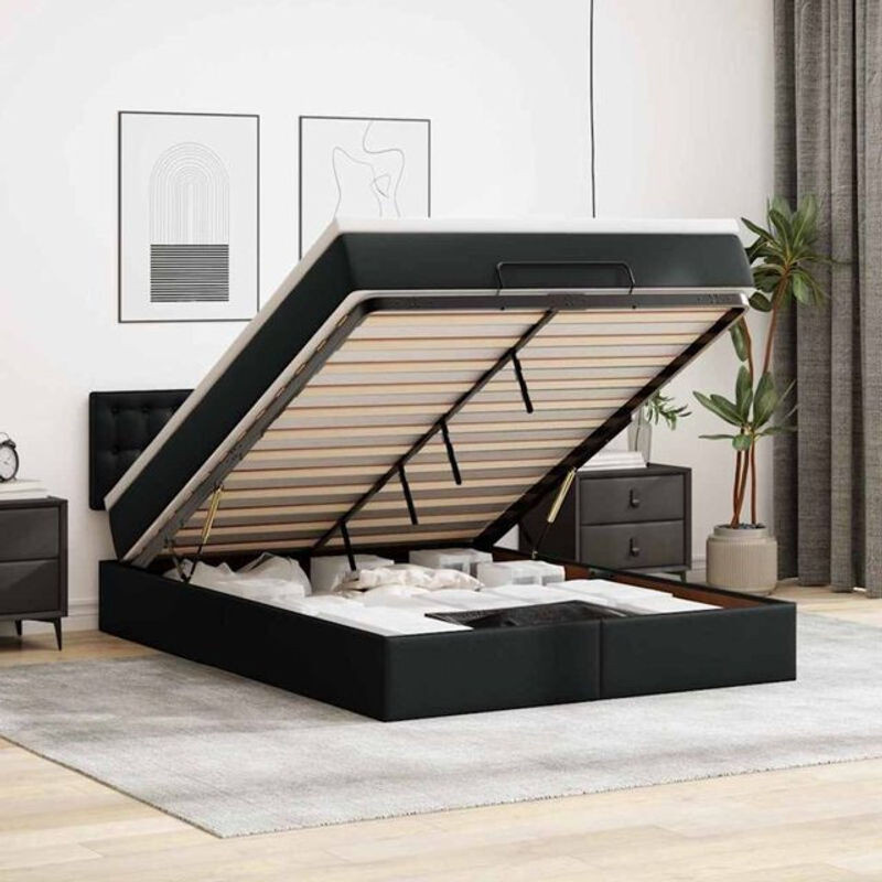 vidaxl Ottoman Polsterbett mit Matratzen und LED in Schwarz aus Kunstleder, B/T/H: 140 x 200 x 88 cm - Bild 1