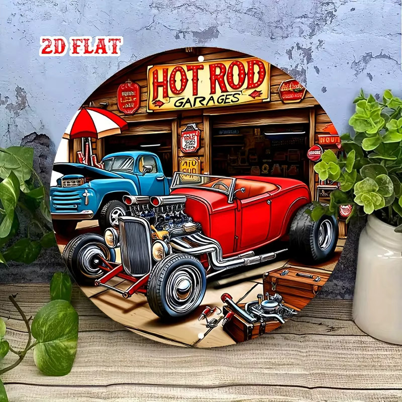 Potdemiel Vintage Metallschild Hot Rod Garage Rundes Aluminium Poster Retro Design Durchmesser: 20 cm - Bild 5