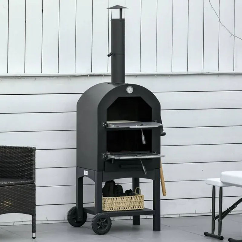Outsunny Pizzaofen mit Schornstein aus Stahl in Schwarz und Silber, B/H/L: 54 x 161 x 63 cm - Bild 1