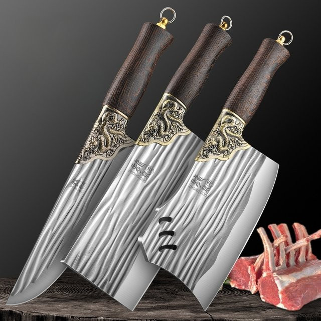 PTIEB Handschmiede Kochmesser aus Silber mit Holzgriff zum Schneiden von Fleisch, Gemüse und Knochen - Bild 1