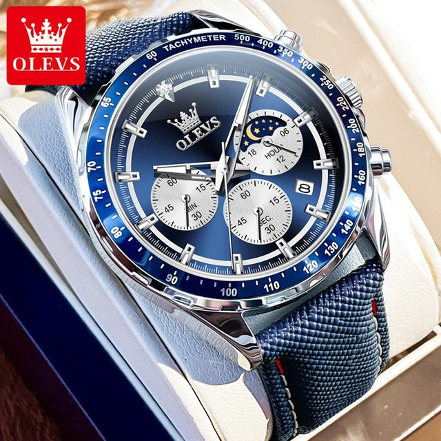 OLEVS Armbanduhr Chronograph, Quarz, Edelstahl, Blau, Herren - Bild 1