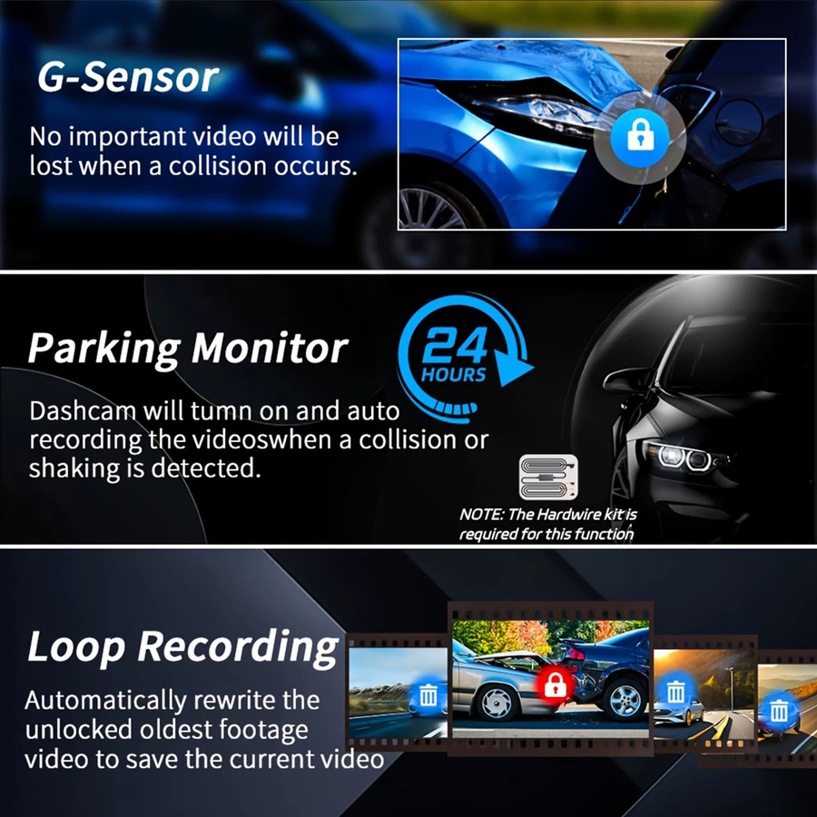 GMAIPOP 1080P Full HD WiFi Dashcam für Autos mit 2/3-Kanal-Funktion, IR-Nachtsicht und Weitwinkel, Schwarz - Bild 6