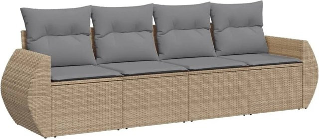 vidaXL 4-tlg Garten-Sofagarnitur in L-Form aus Polyrattan mit Kissen und Stauraum, Beige - Bild 1