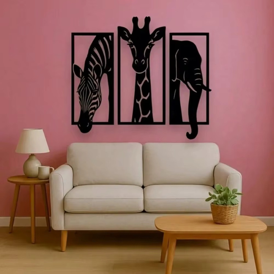 CIFBUY Wandkunst aus Metall im 3-teiligen Set mit Elefant, Giraffe und Zebra in Schwarz für den Innen- und Außenbereich - Bild 2