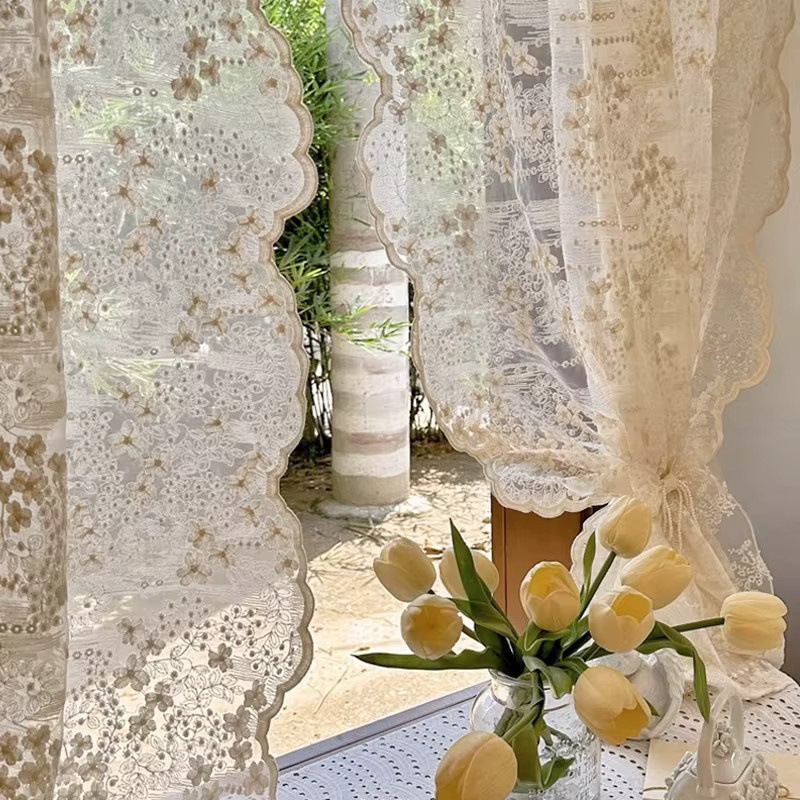 2er-Set tiyana Transparentvorhänge aus Spitze und Tüll in Beige mit floraler Stickerei für Wohnzimmer und Schlafzimmer, Breite: 120 cm, Höhe: 130 cm - Bild 2