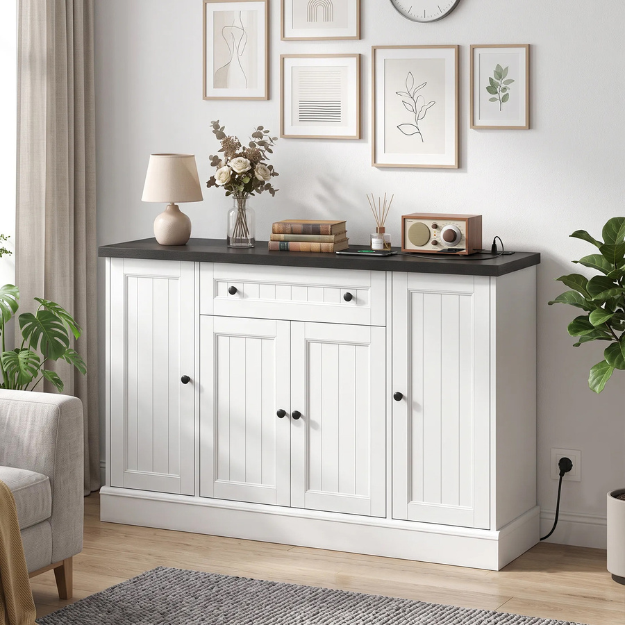 HOMCOM Sideboard im Landhausstil mit Ladestation, Aufbewahrungsschrank mit 4 Türen, Schublade und verstellbaren Regalen, Weiß und Schwarz, B/T/H: 120 x 40 x 80 cm - Bild 2