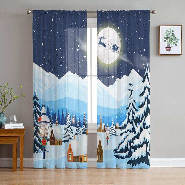 Winter Snowy Day Chiffon Gardine mit Zweigen-Motiv in Blau, halbtransparentes Tüll-Fensterdekoration für Wohnzimmer und Schlafzimmer, Breite: 100 cm, Höhe: 250 cm - Bild 1