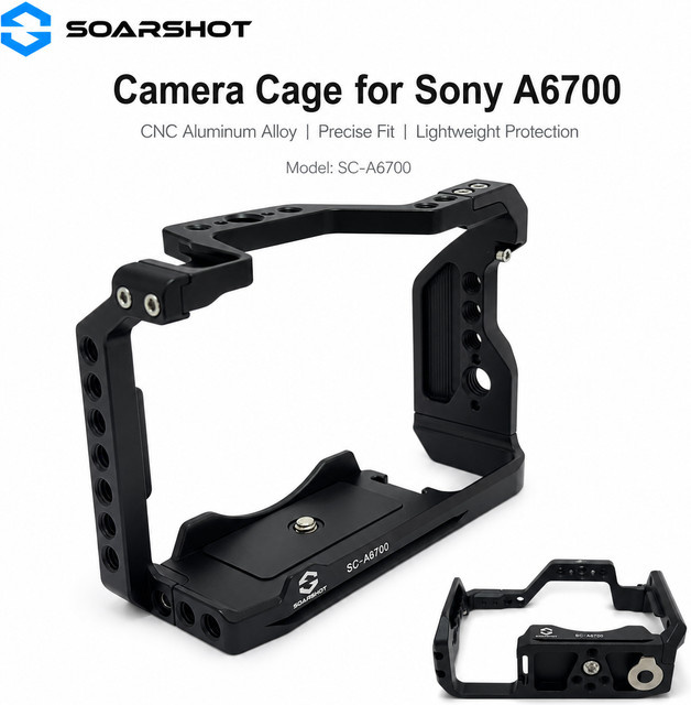 SOARSHOT Kamerakäfig für Sony A6700 aus CNC Aluminiumlegierung in Schwarz mit Cold Shoe und Befestigungslöchern für Videoaufnahmen - Bild 1