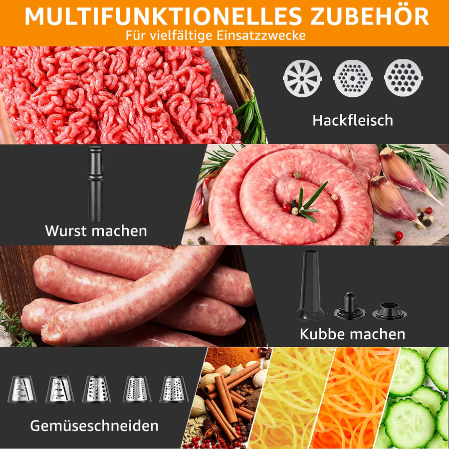 Fatabeta 2-in-1 Elektrische Fleisch- und Gemüsemühle mit Wurstfüller und 15 Zubehörteilen aus Edelstahl in Silber - Bild 3