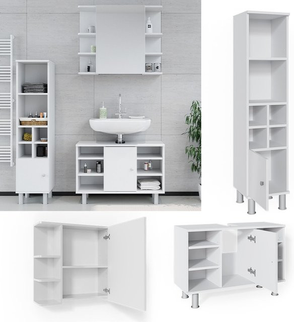 Vicco Badmöbel Set Fynn 3-teilig in Weiß mit Spiegelschrank, Waschbeckenunterschrank und Hochschrank - Bild 1