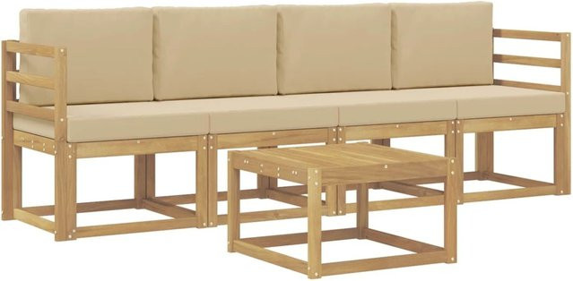 vidaXL Outdoor-Sofagarnitur 5-teilig aus Akazienholz mit Kissen in Weiß und Beige - Bild 1