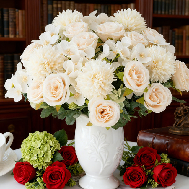 XIAOYINMO Künstliches Blumenbouquet aus Seide mit Rosen und Chrysanthemen in Pink und Weiß für Hochzeit, Valentinstag und Dekoration - Bild 1
