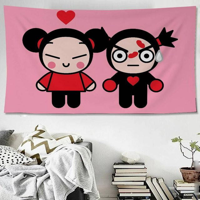 Potdemiel Anime Wandteppich Pucca und Garu in Pink für Wohnzimmer und Schlafzimmer - Bild 1