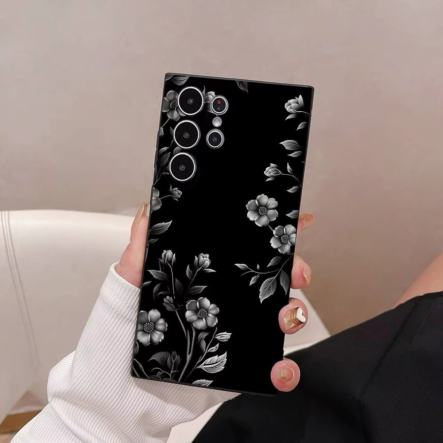 Luxus Handyhülle mit Blumenmuster in Schwarz für Samsung Galaxy S25 S24 S23 S22 S21 S20 Ultra Plus, mattes Softcover - Bild 6