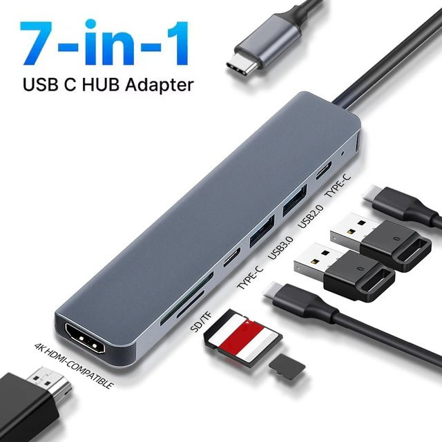 KOJESHUN 7-in-1 USB-C-Dockingstation in Grau mit 4K HDMI, USB 3.0 und 100W PD Ladefunktion für MacBook Pro und Laptop - Bild 1