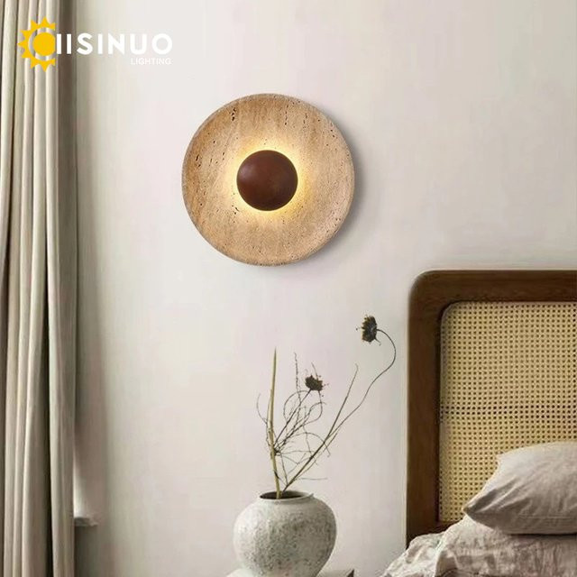 IISINUO Wabi-Sabi LED Wandleuchte aus Holz und Stein in Gelb und Beige, runde Wandlampe für Wohnzimmer und Flur, Durchmesser: 25 cm - Bild 1