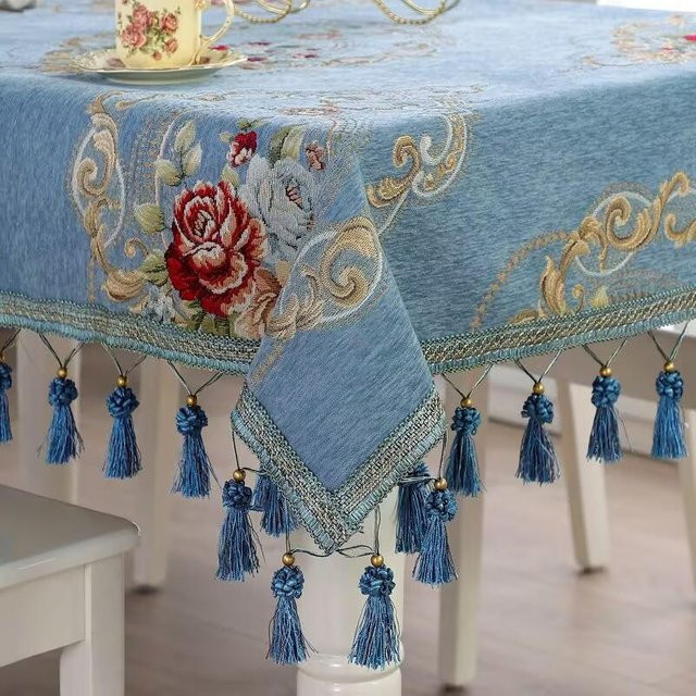 Luxus Rund Tischdecke JMG Household Supplies mit Relief-Floral-Muster und Quasten, Beige oder Blau, Durchmesser: 130 cm - Bild 1