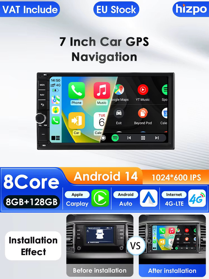 Hizpo 2Din Android 14 Autoradio mit 7 Zoll Display, 4G AI System, Carplay, GPS und Multimedia Navigation in Schwarz - Bild 5