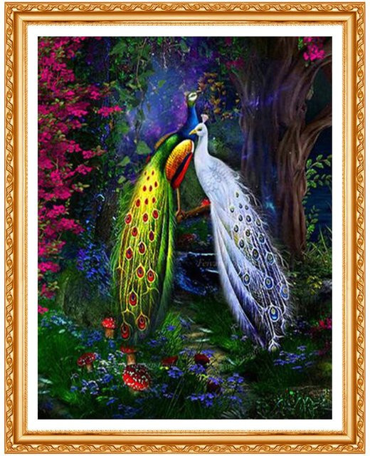 FIYO Diamant-Stickerei Pfau Motiv als Strass Aufkleber mit Bohrmuster in Weiß, B x H: 20 x 30 cm - Bild 1