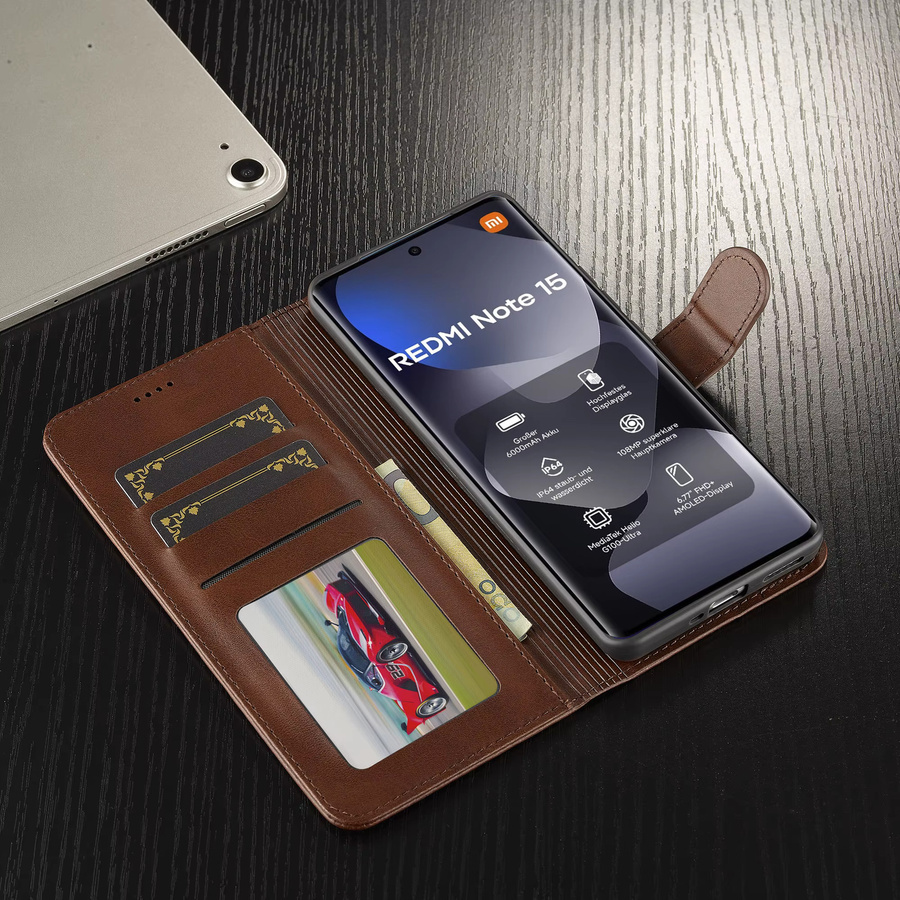 Luxuriöse PU-Leder Handyhülle im Flip-Design für Xiaomi Redmi Note 15, Redmi Note 14 Pro + Plus und Redmi 14C als Brieftasche mit Kartenetui, Stoßfest, Grau oder Braun - Bild 3