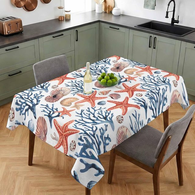 Rechteckige Tischdecke von JINGYUE Pet mit Sommer-Meeresstern- und Muschel-Motiv in Weiß, B/T: 140 x 140 cm - Bild 1
